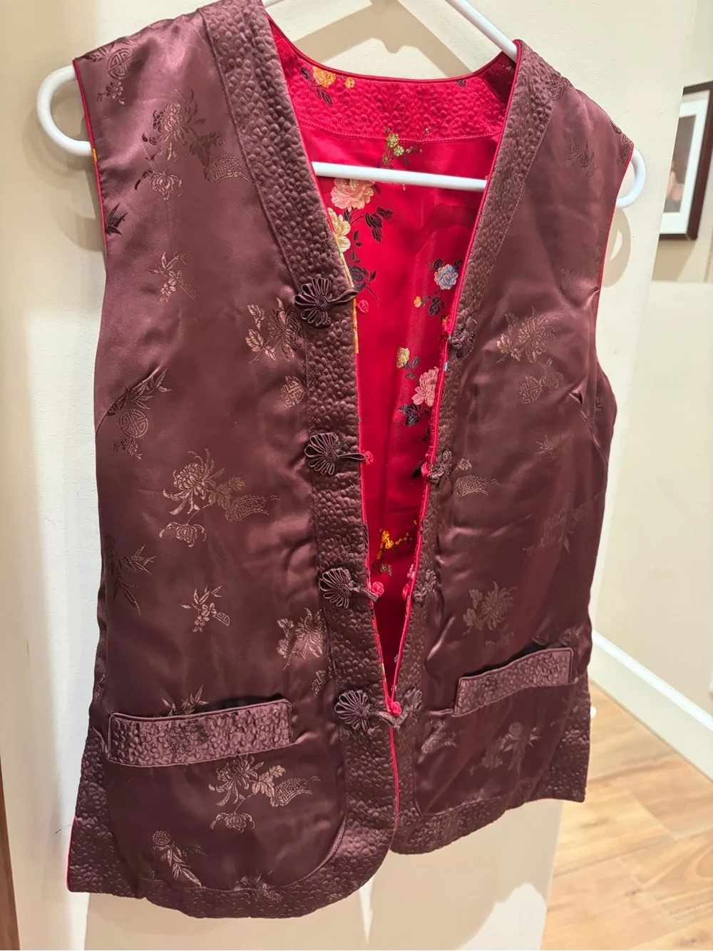 Vintage Red Floral Embroidered Reversible Chinese Traditional Vest - Picture 6 of 12